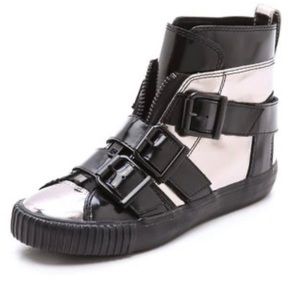 3.1 Phillip Lim Black and Metallic Silver Buckle High-Top Sneakers